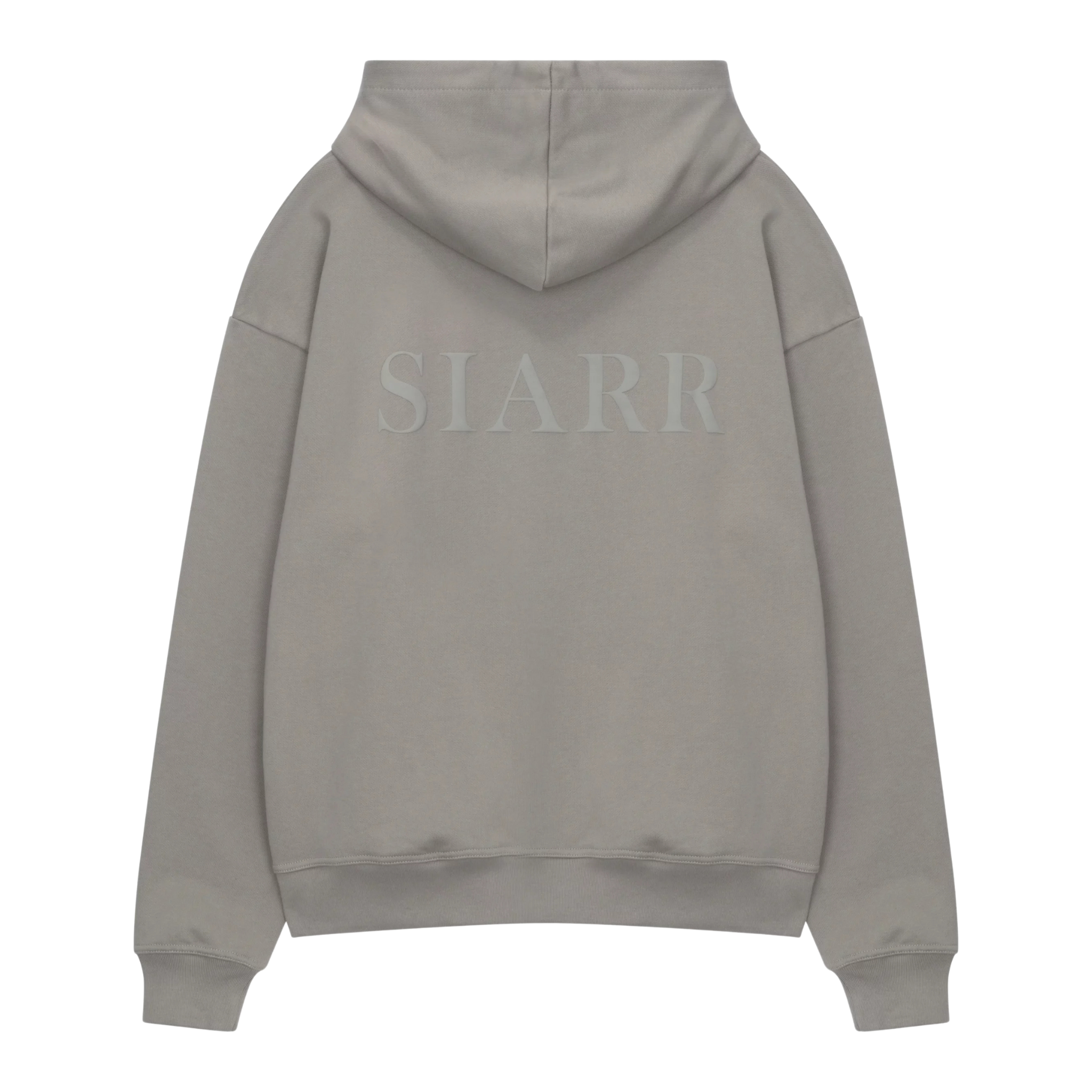 Siarr Puff Hoodie in dove grey with puff print logo on back, pullover style, kangaroo pocket, and ribbed cuffs.