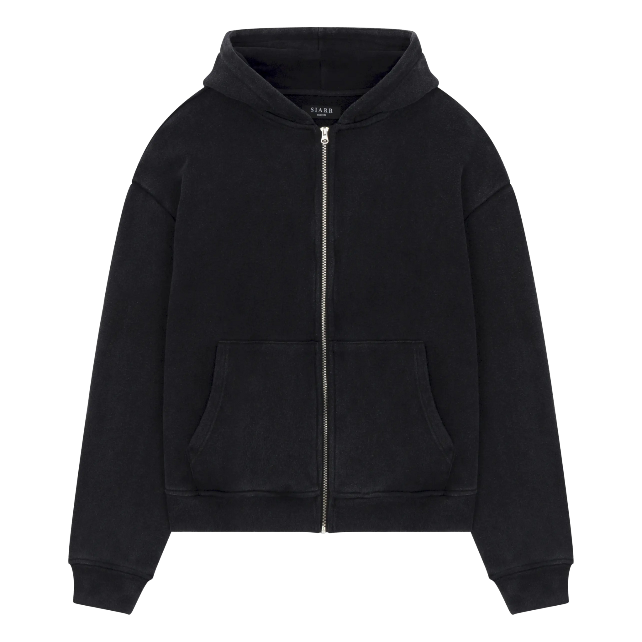 Siarr Washed Zip Through Hoodie in washed black with full zip and kangaroo pockets