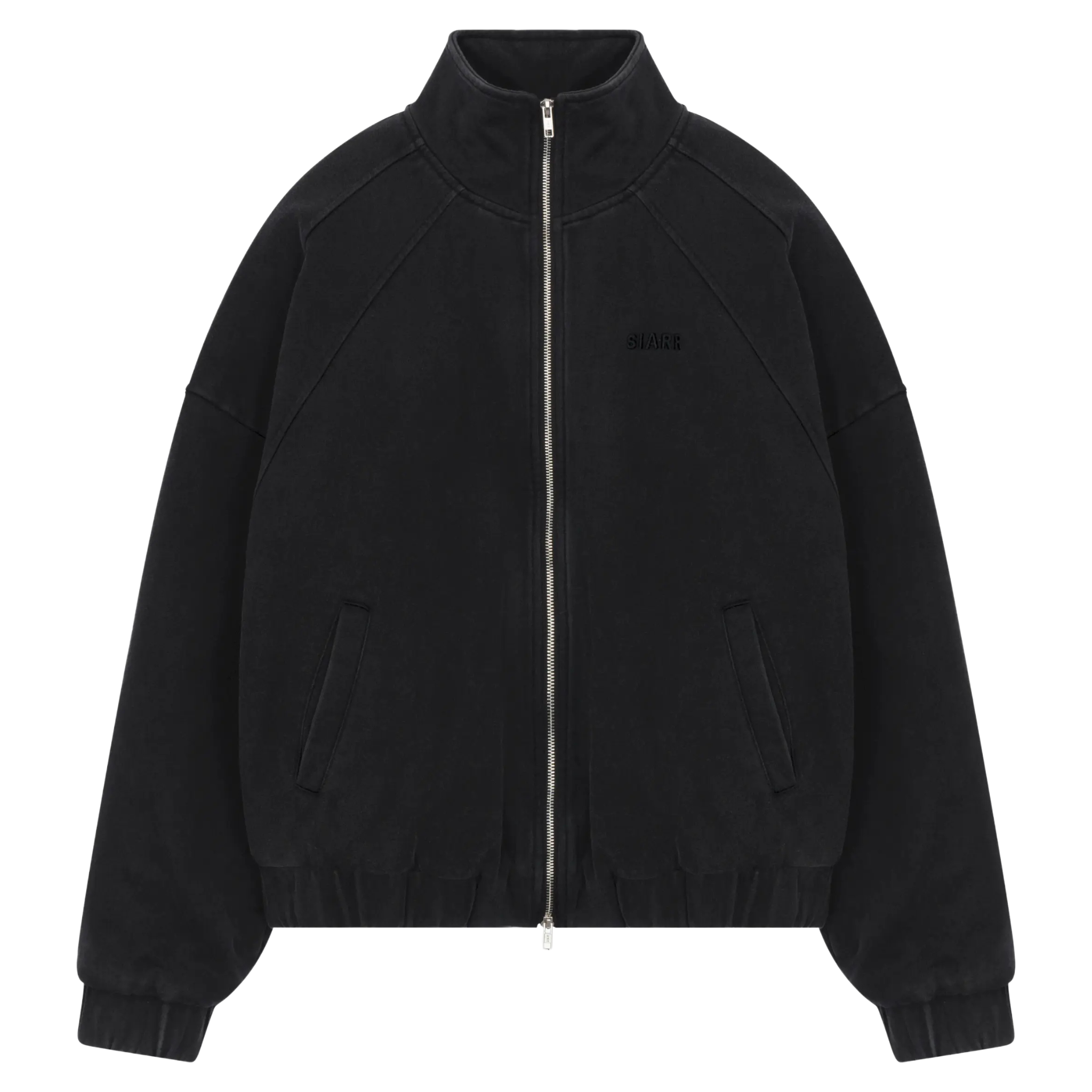 Siarr Washed Quilted Bomber Jacket in washed black with front zipper and side pockets