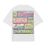 White Siarr Get Money Tee with colorful graphic text design on the back