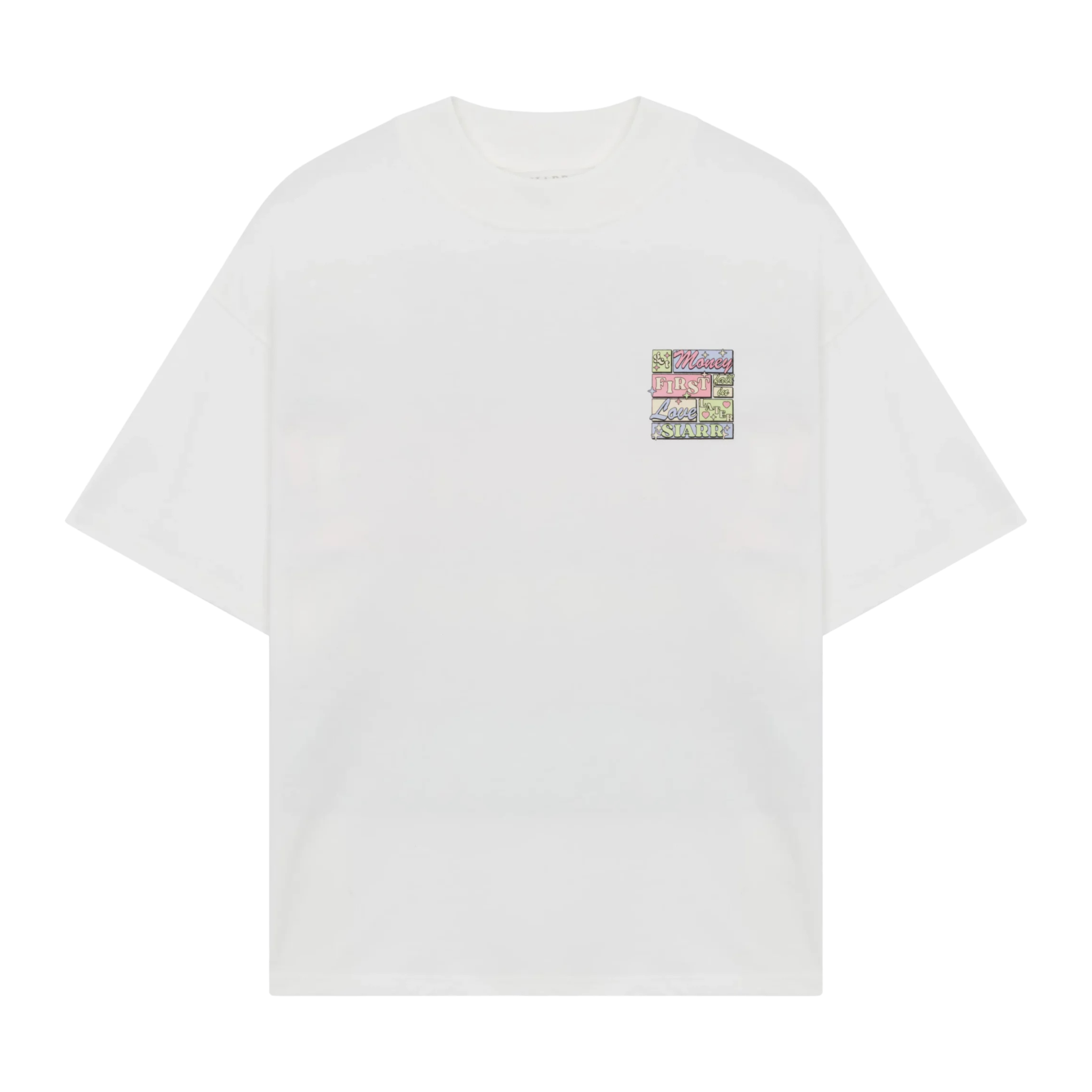 White Siarr Get Money Tee with colorful chest graphic design