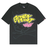 Broken Planet Fast Boyz black t-shirt with yellow and pink graphic logo design