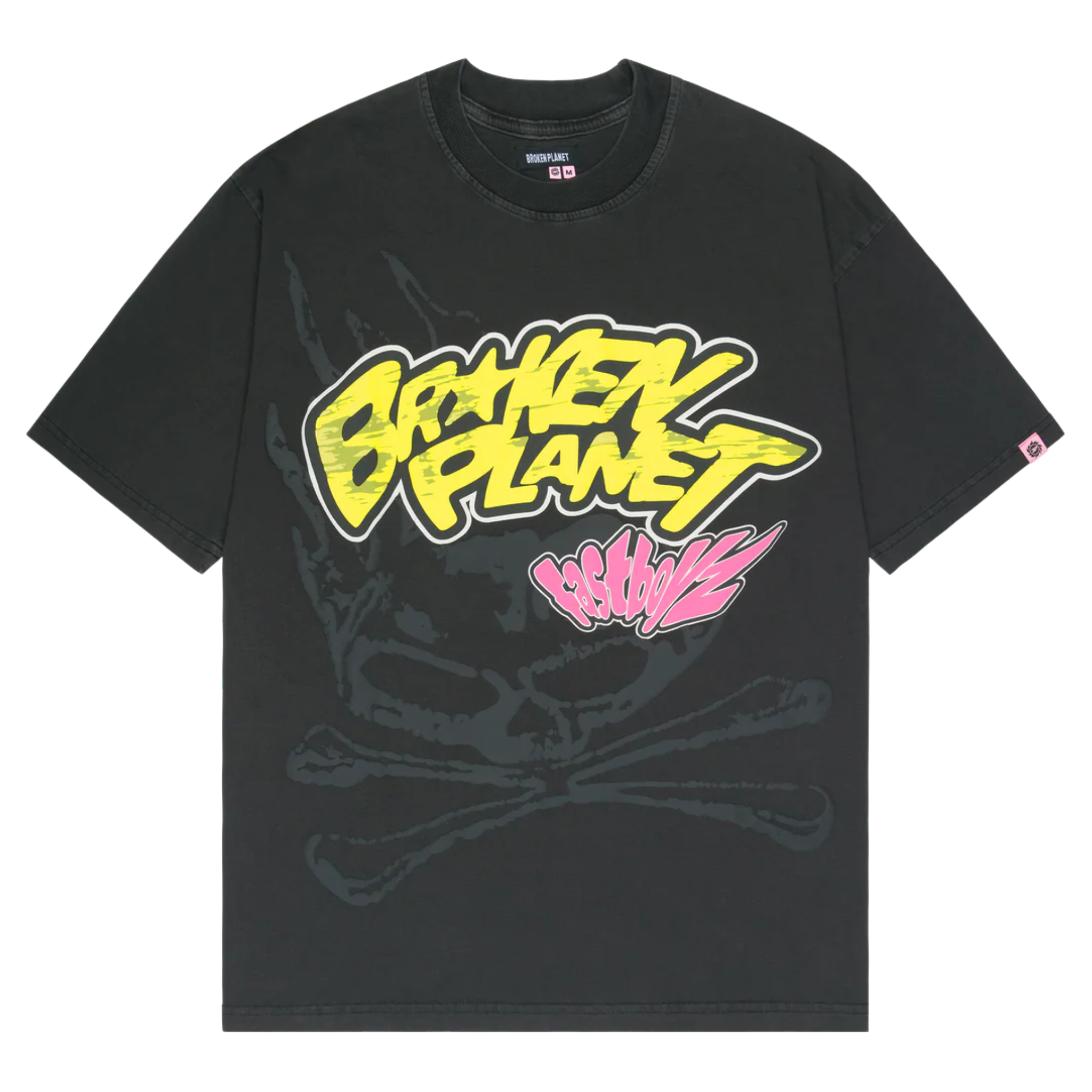 Broken Planet Fast Boyz black t-shirt with yellow and pink graphic logo design
