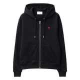 AMI Paris black Ami De Coeur zip-up hoodie with red heart logo and front pockets