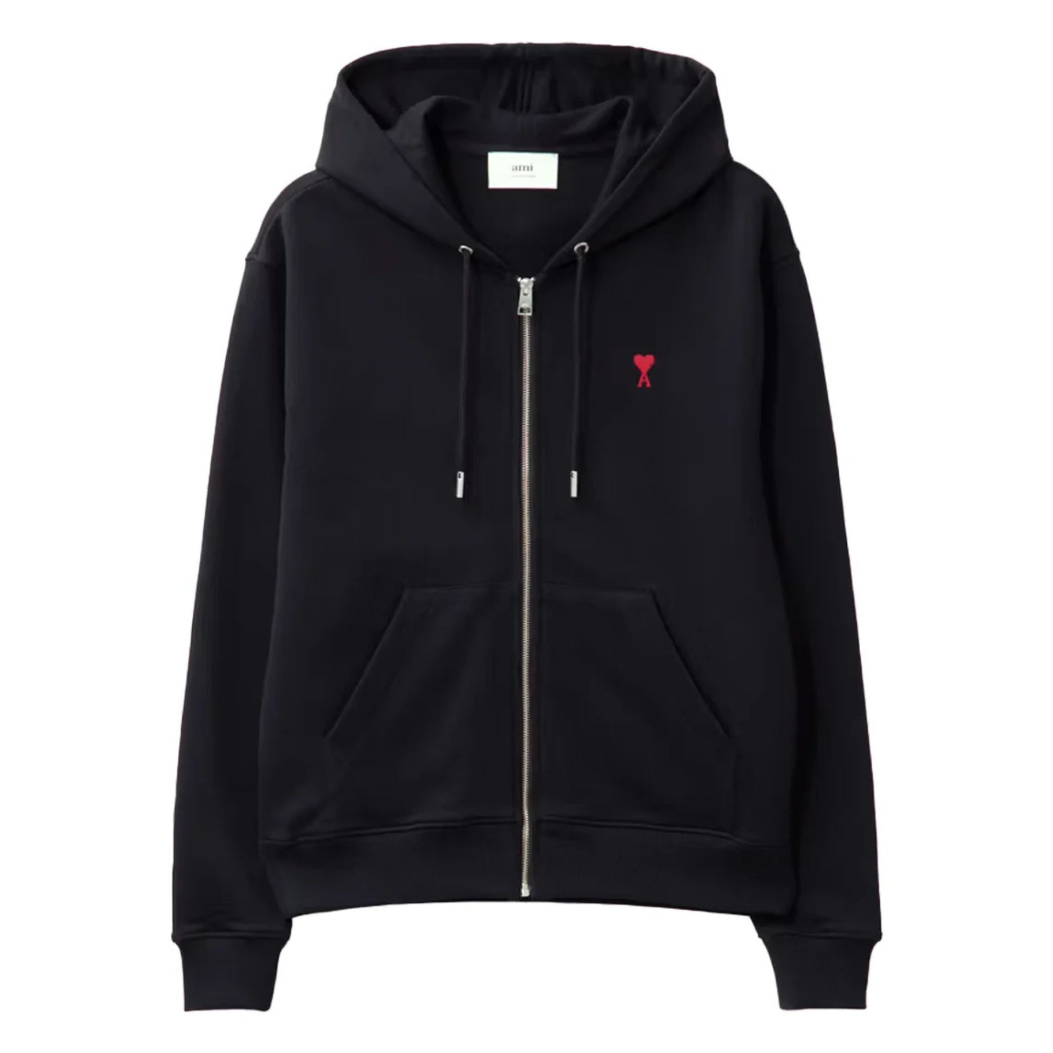 AMI Paris black Ami De Coeur zip-up hoodie with red heart logo and front pockets