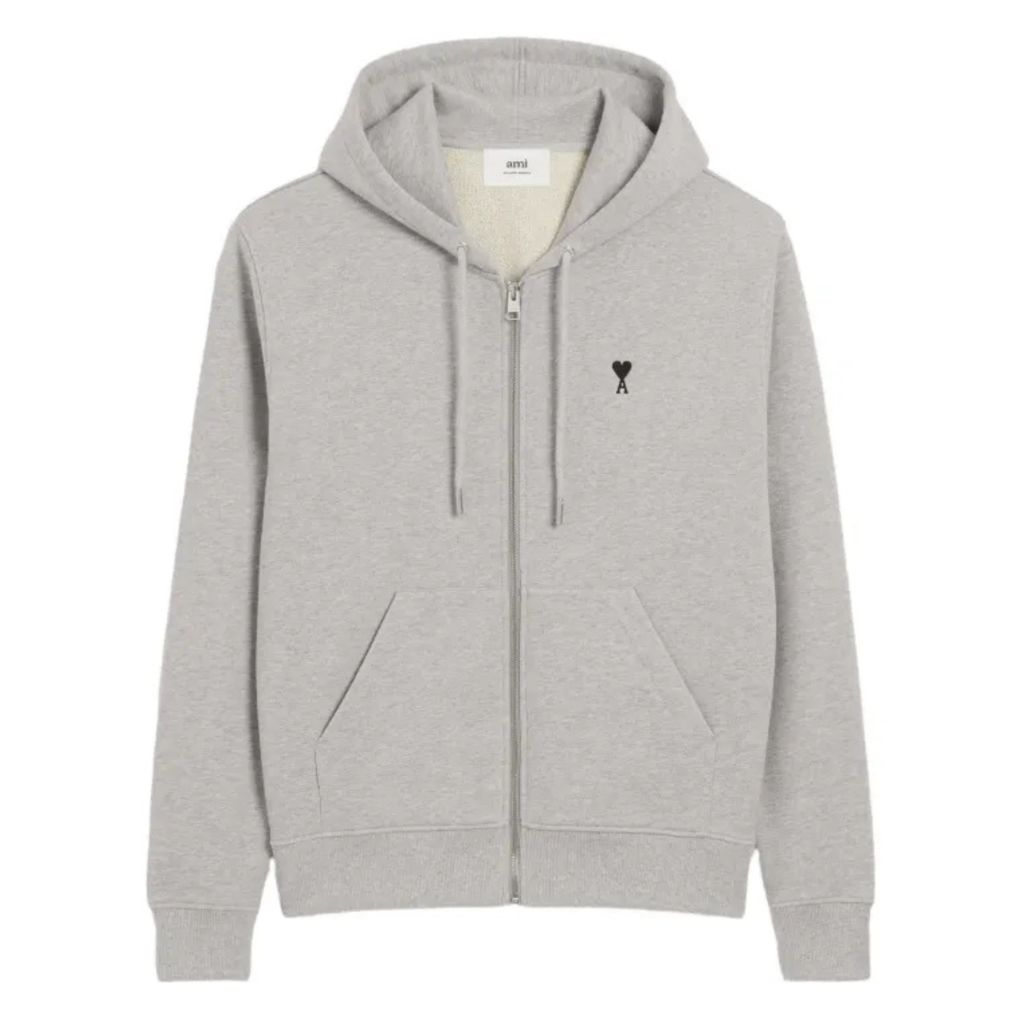 AMI Paris Ami De Coeur grey zip-up hoodie with heart logo and hood