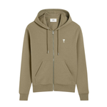 AMI Paris olive zip-up hoodie with heart logo and front pockets