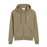 AMI Paris olive zip-up hoodie with heart logo and front pockets