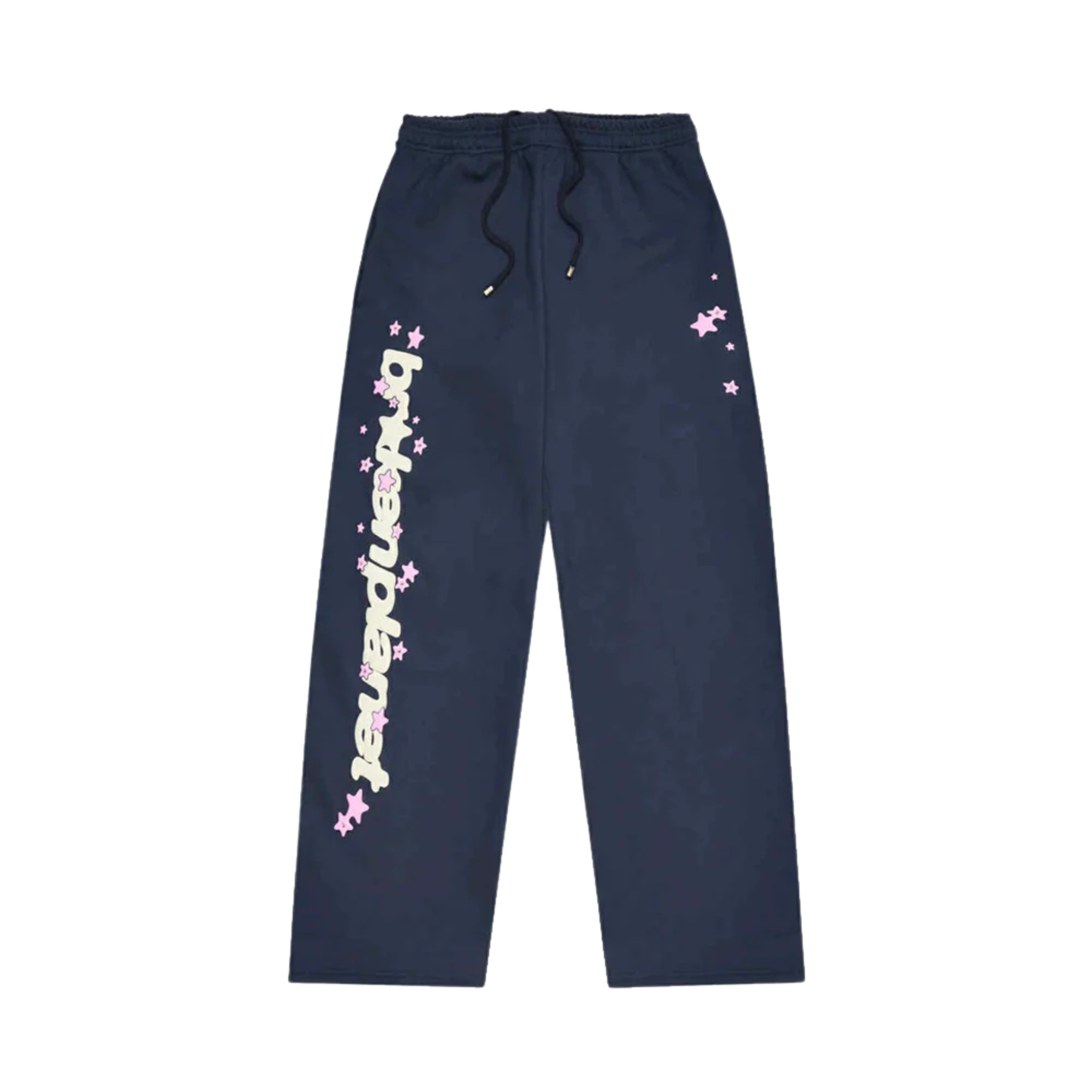 Broken Planet Market navy straight-leg sweatpants with pink star accents and logo print