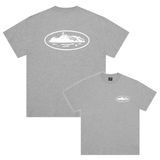 Grey Corteiz OG Island Tee with white island graphic on front and back
