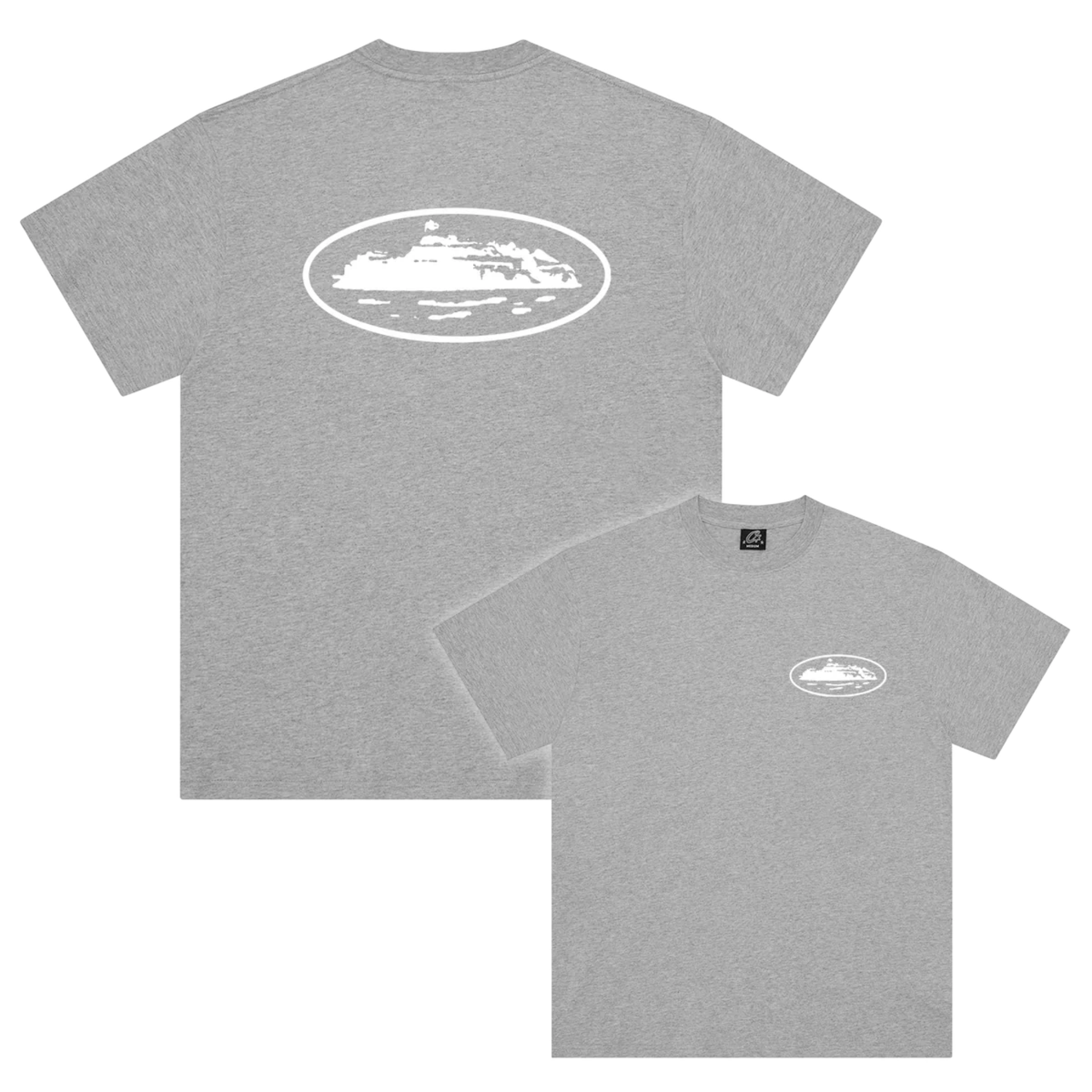 Grey Corteiz OG Island Tee with white island graphic on front and back