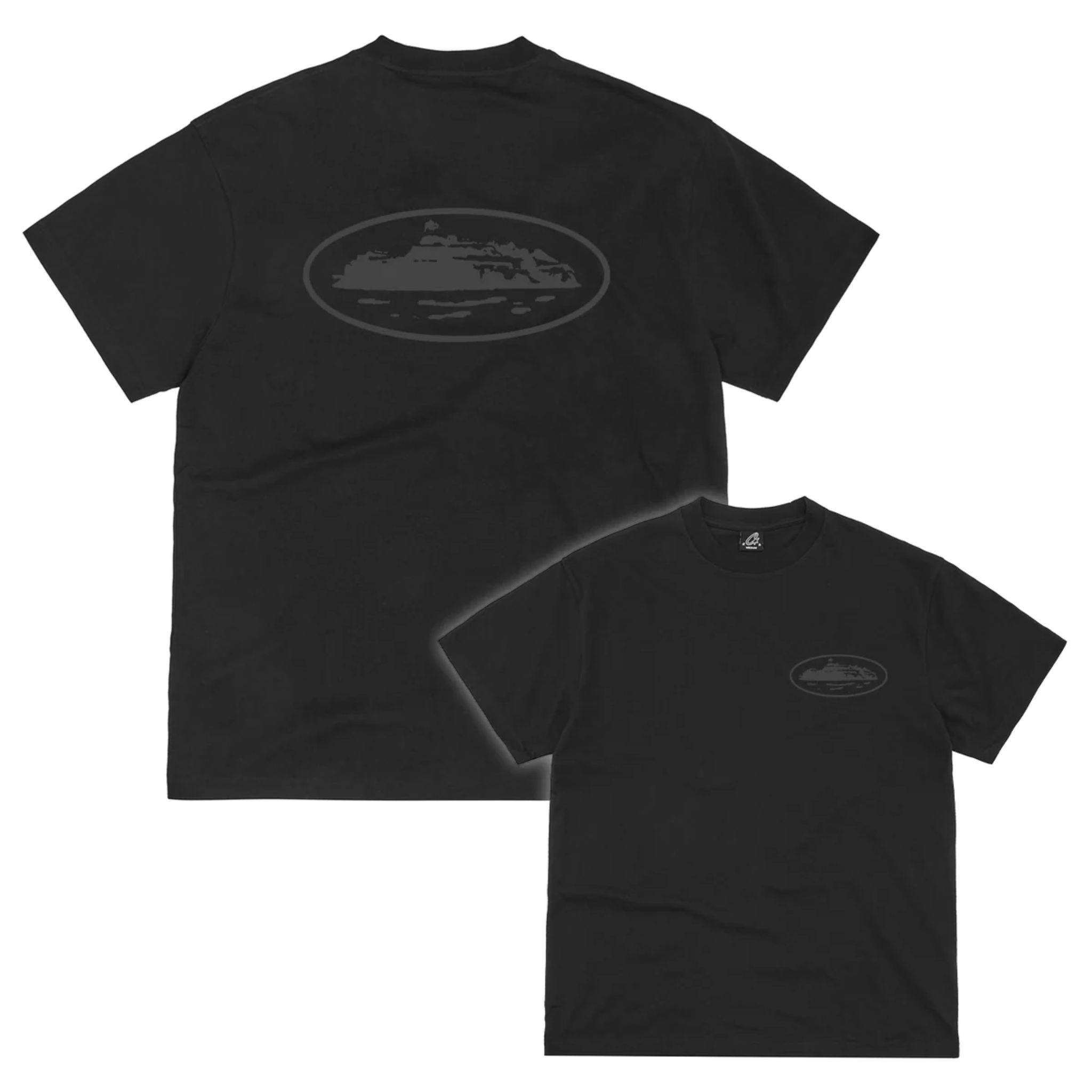 Black Corteiz OG Island reflective tee with front and back logo design