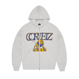 Corteiz Island Lion grey varsity zip hoodie with lion graphic and 2018 text