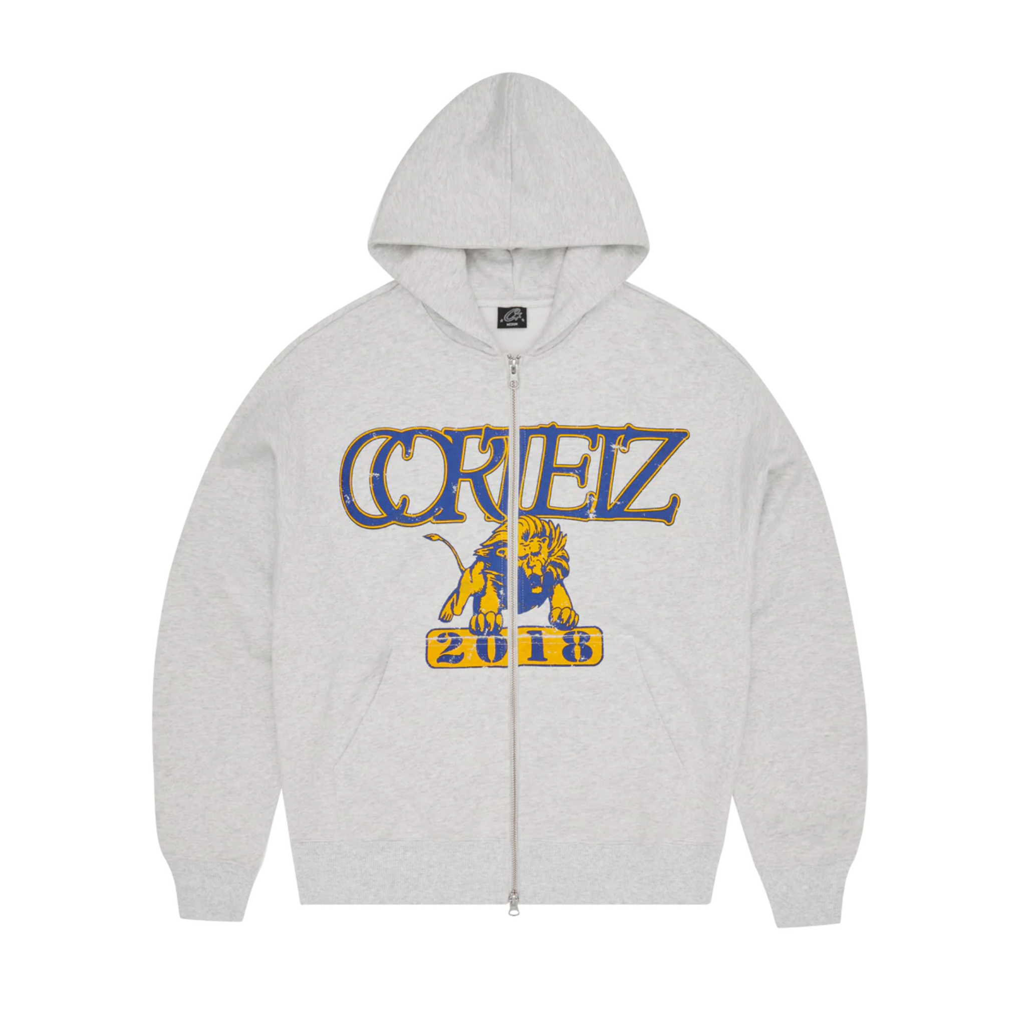 Corteiz Island Lion grey varsity zip hoodie with lion graphic and 2018 text