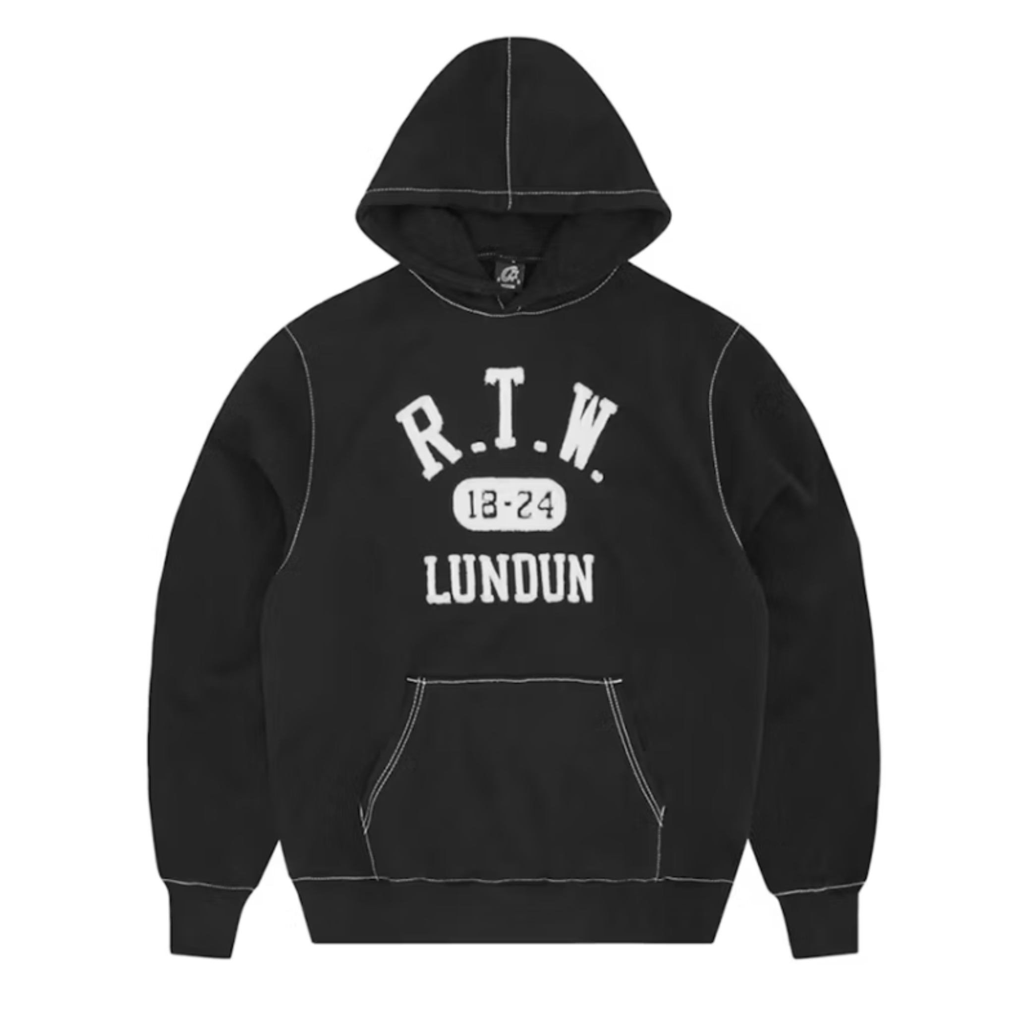 Black Corteiz RTW college hoodie with white stitching and printed logo