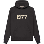 Fear of God Essentials 1977 hoodie in iron color with front pocket and printed 1977 logo