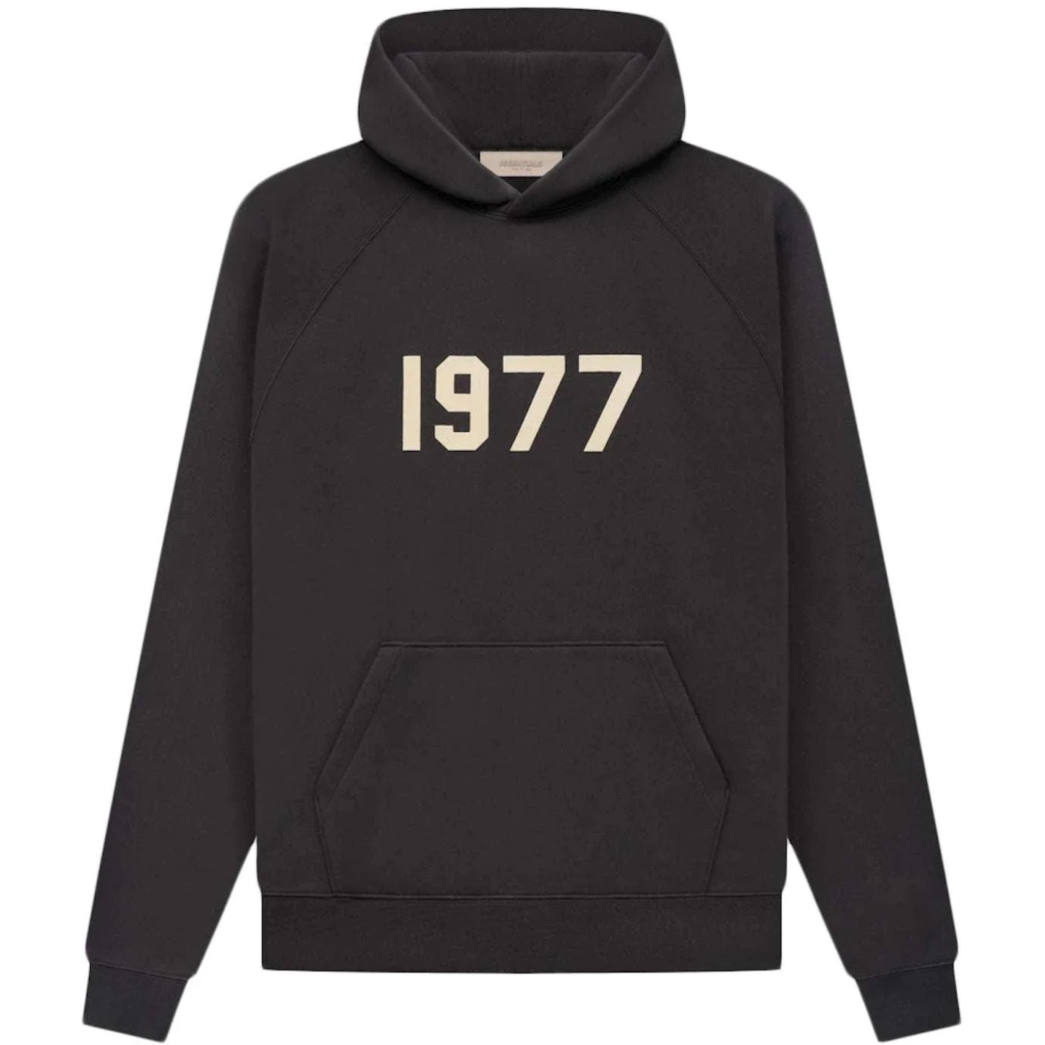 Fear of God Essentials 1977 hoodie in iron color with front pocket and printed 1977 logo