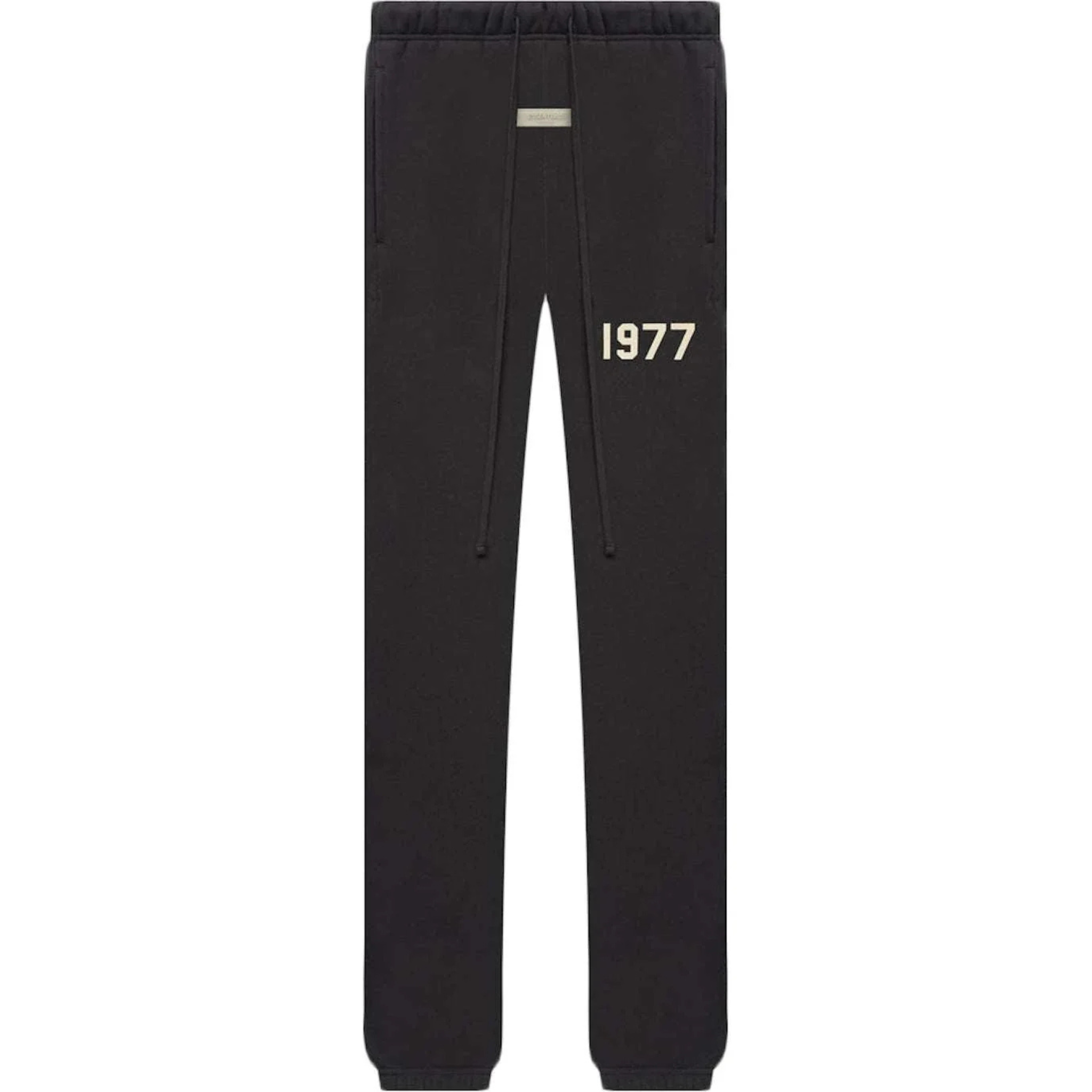 Fear of God Essentials black sweatpants with elastic cuffs and 1977 print
