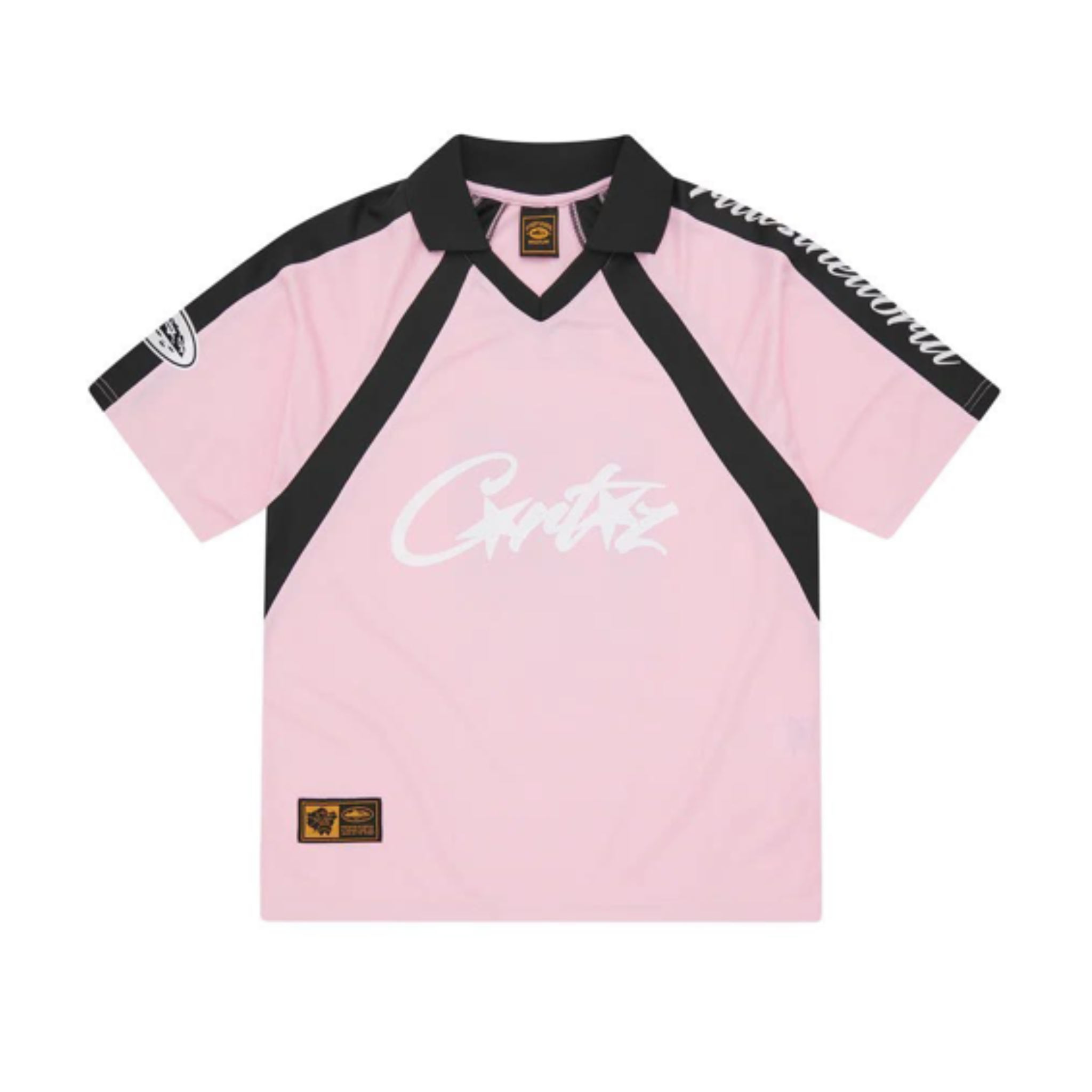 Pink Corteiz Script paneled jersey with black collar and sleeve accents