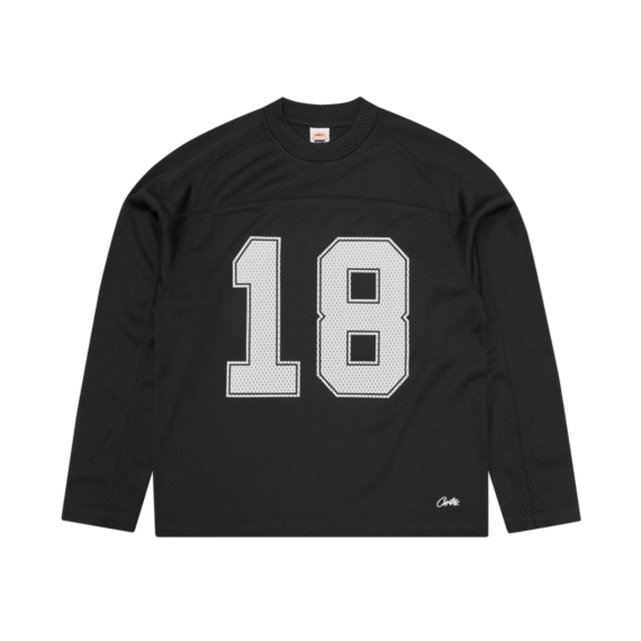 Corteiz LS black mesh panel jersey with number 18 print and long sleeves