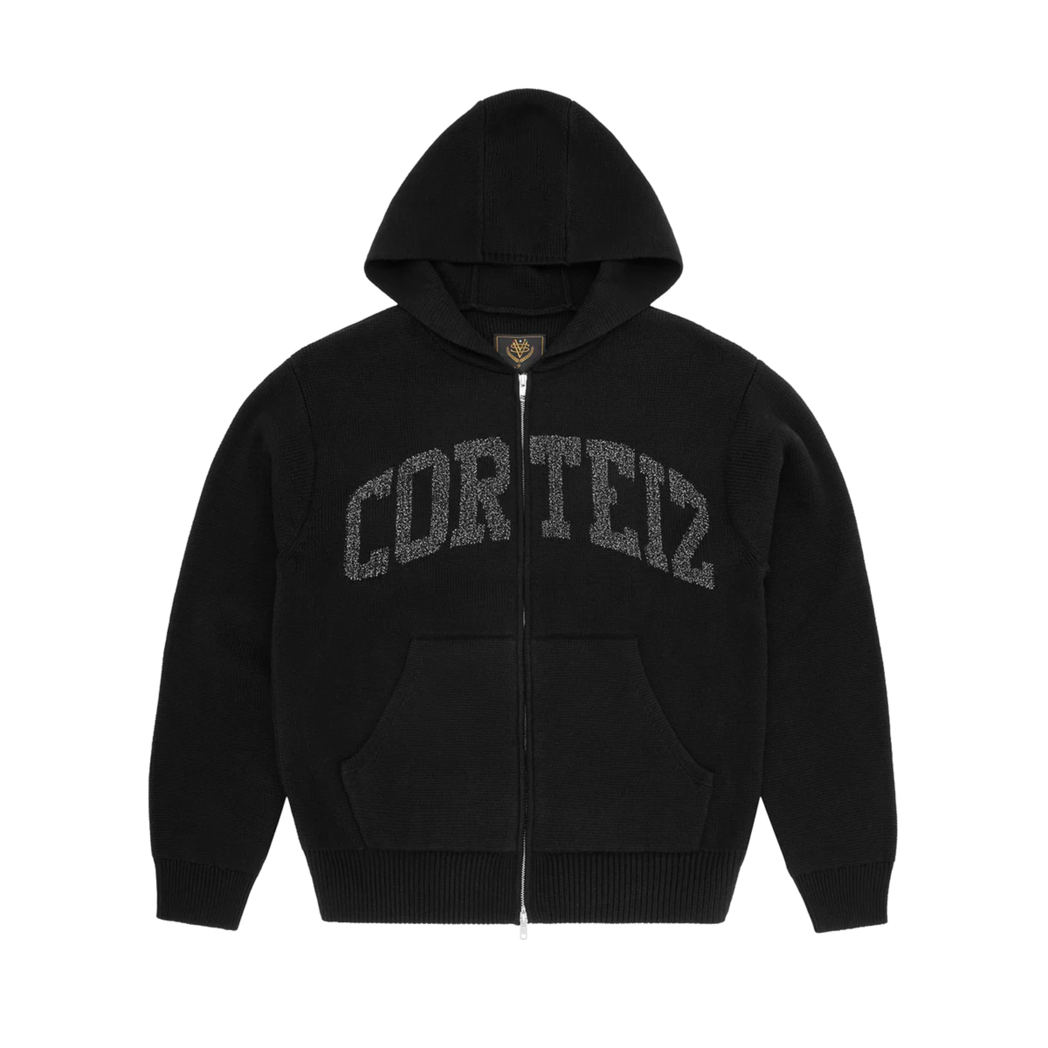 Corteiz 3M black zip hoodie with college knit design and hood