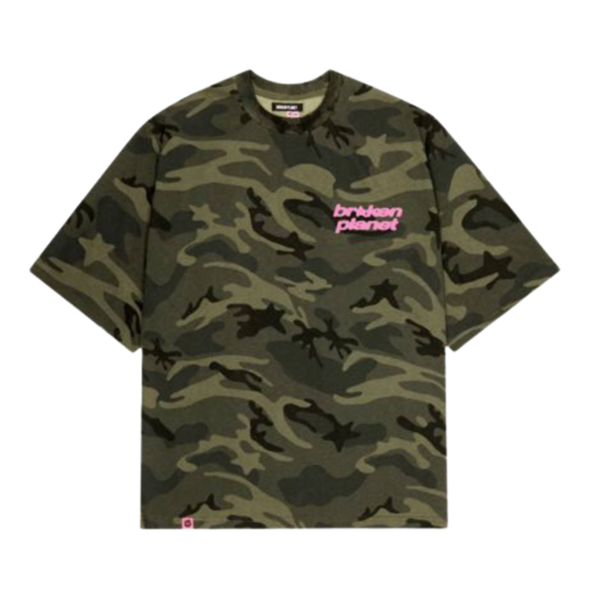 Broken Planet Basics camo t-shirt with pink logo print