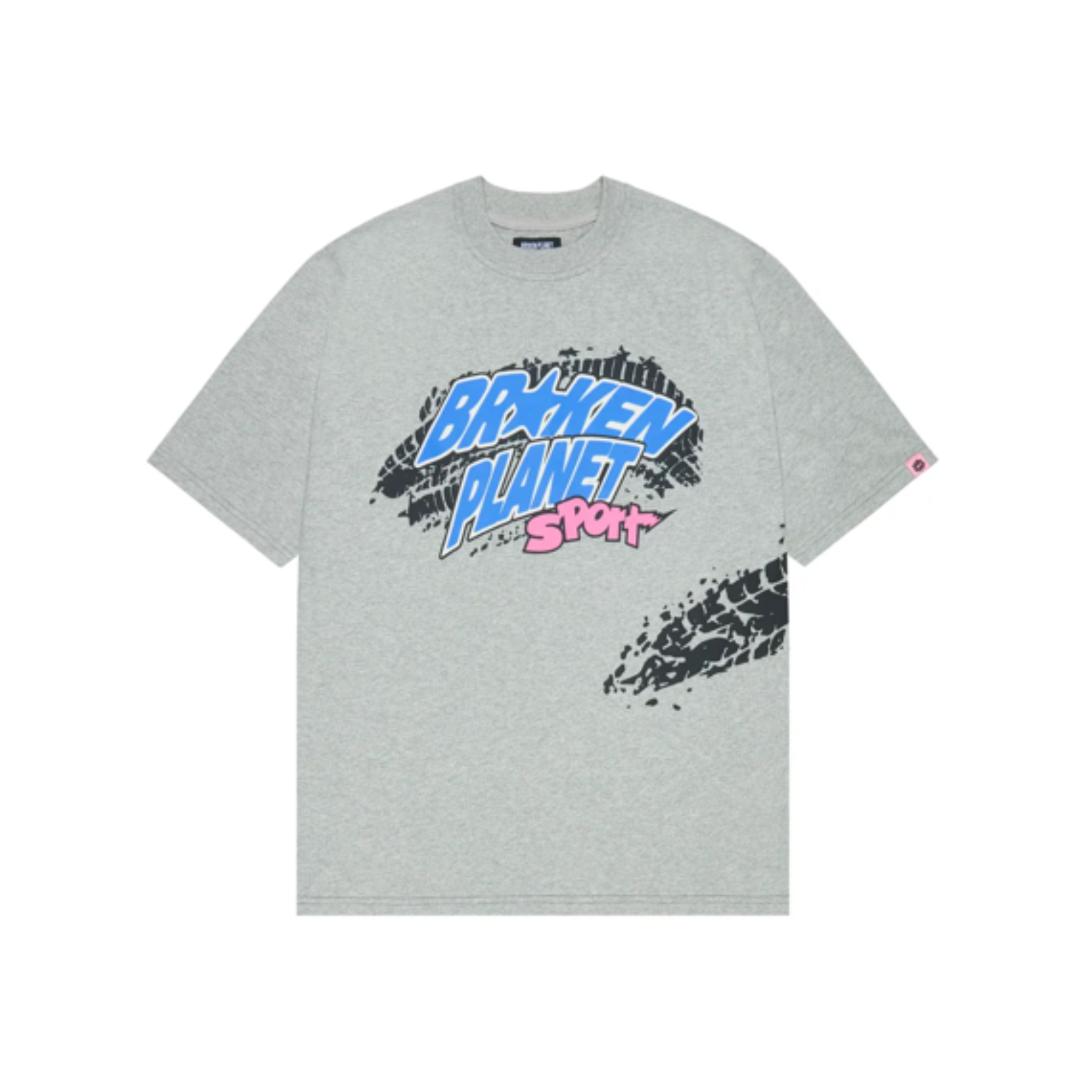 Heather grey Broken Planet BP Sport t-shirt with graphic logo and tire track design
