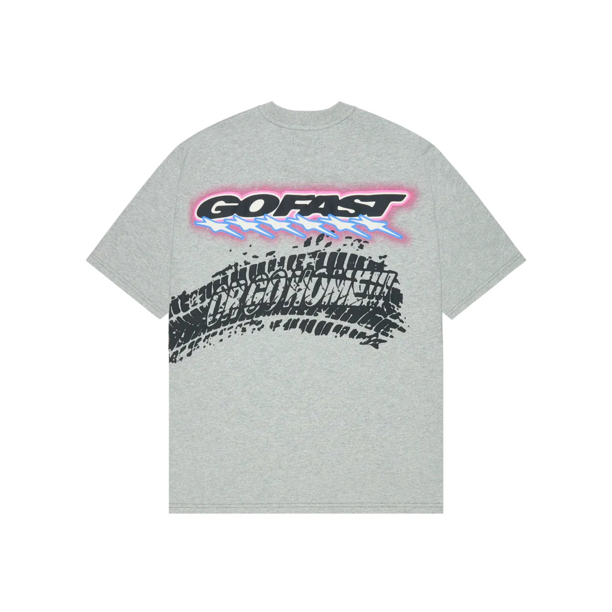 Broken Planet Heather Grey BP Sport T-Shirt with Go Fast and tire track graphic design