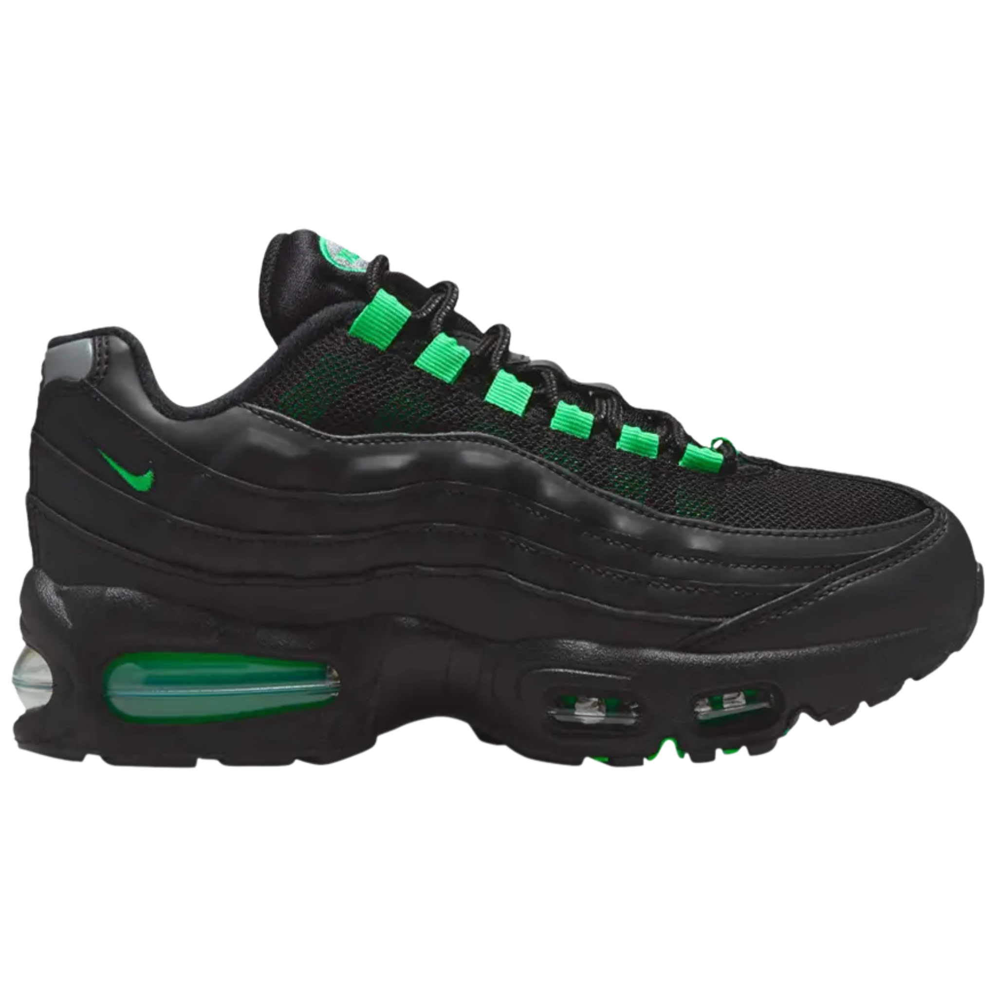 Nike Air Max 95 OG GS sneaker in black with green accents and visible air cushioning