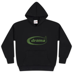 Black Drama Call Oval Hoodie with green logo and front pocket