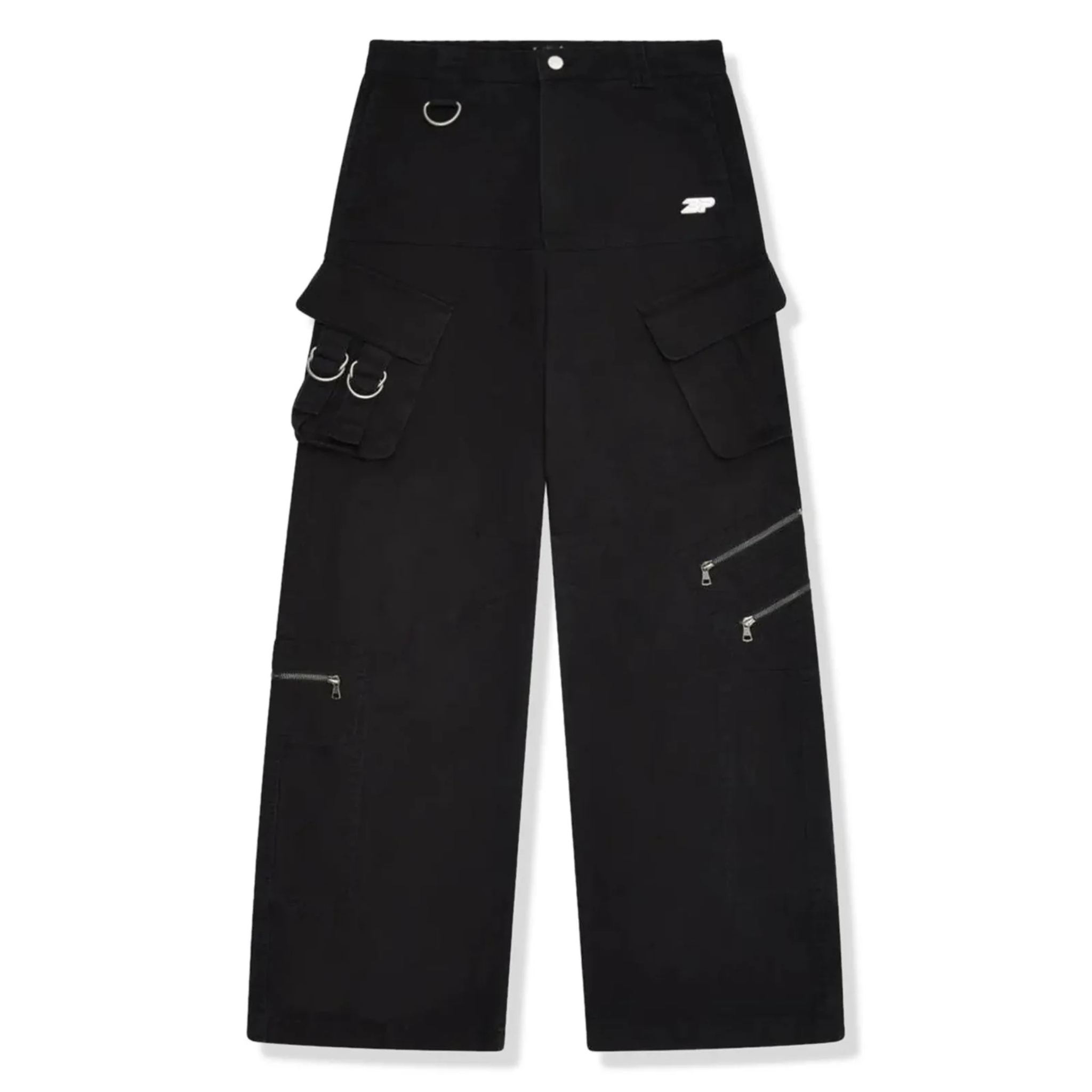 Black Broken Planet cargo pants with multiple pockets and zipper details