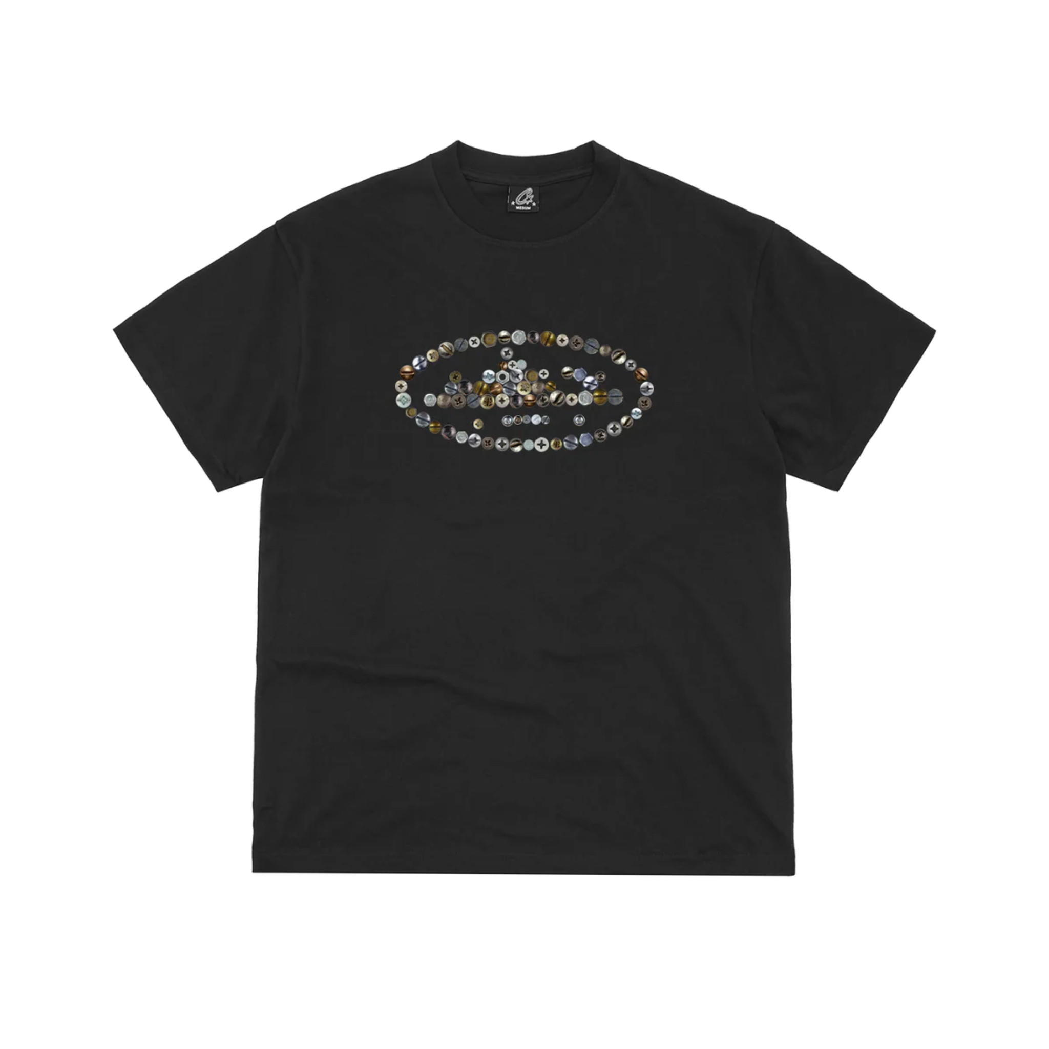 Black Corteiz Screws Island Tee with colorful screw graphic design on front