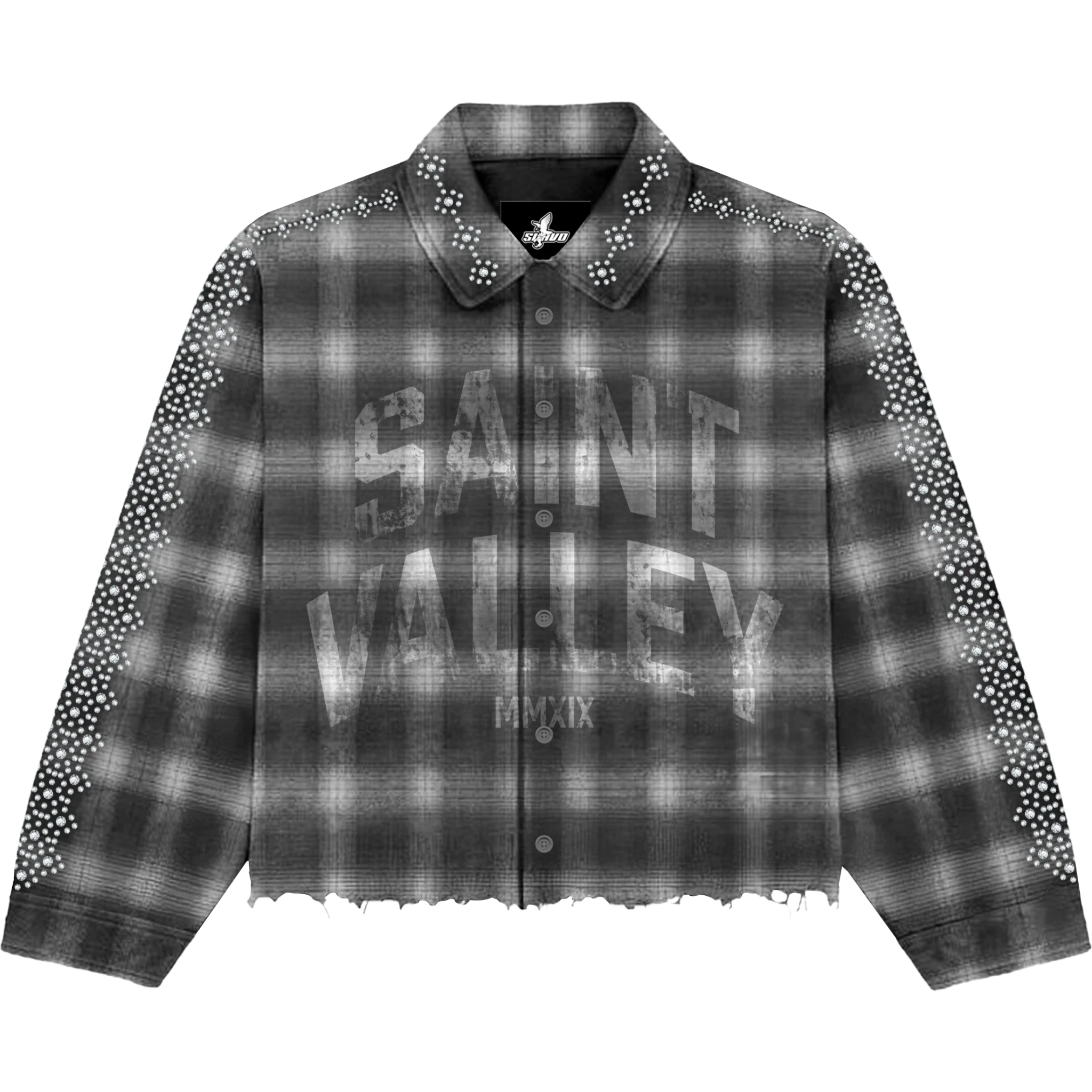 Suavo World Saint Valley black flannel shirt with plaid pattern and studded sleeves