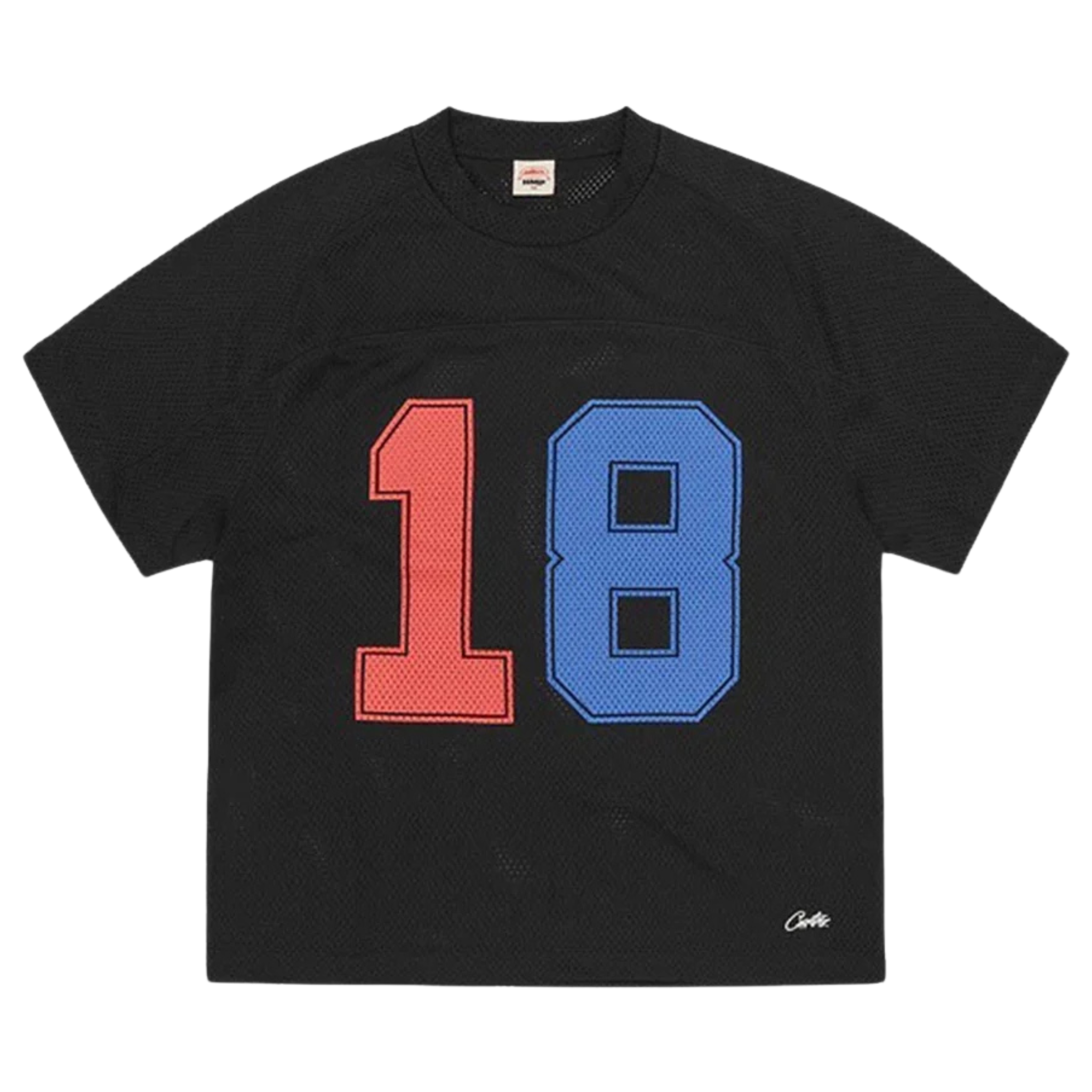 Black Corteiz HMP mesh panel jersey with red and blue number 18 design