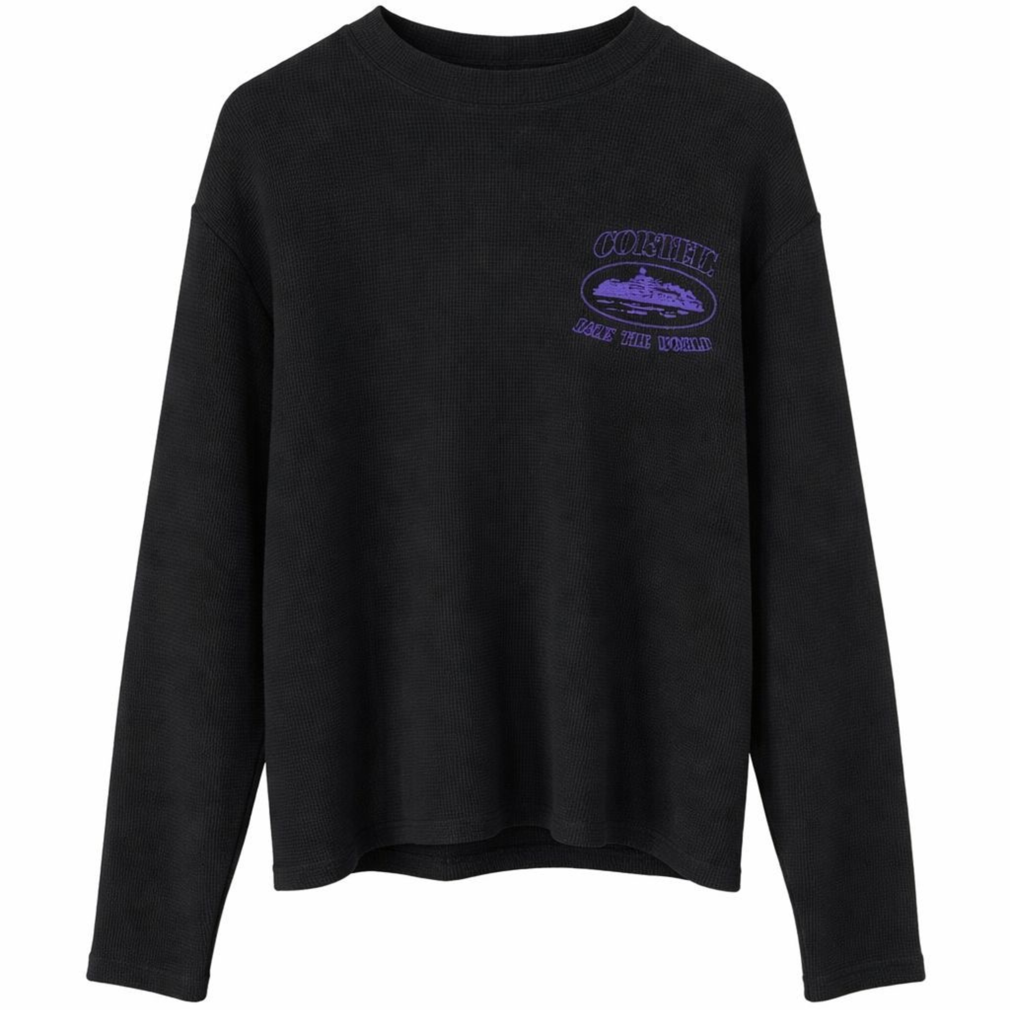 Corteiz Alcatraz black waffle longsleeve with purple logo print
