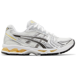 ASICS Gel Kayano 14 running shoe in white with silver and tai-chi yellow accents