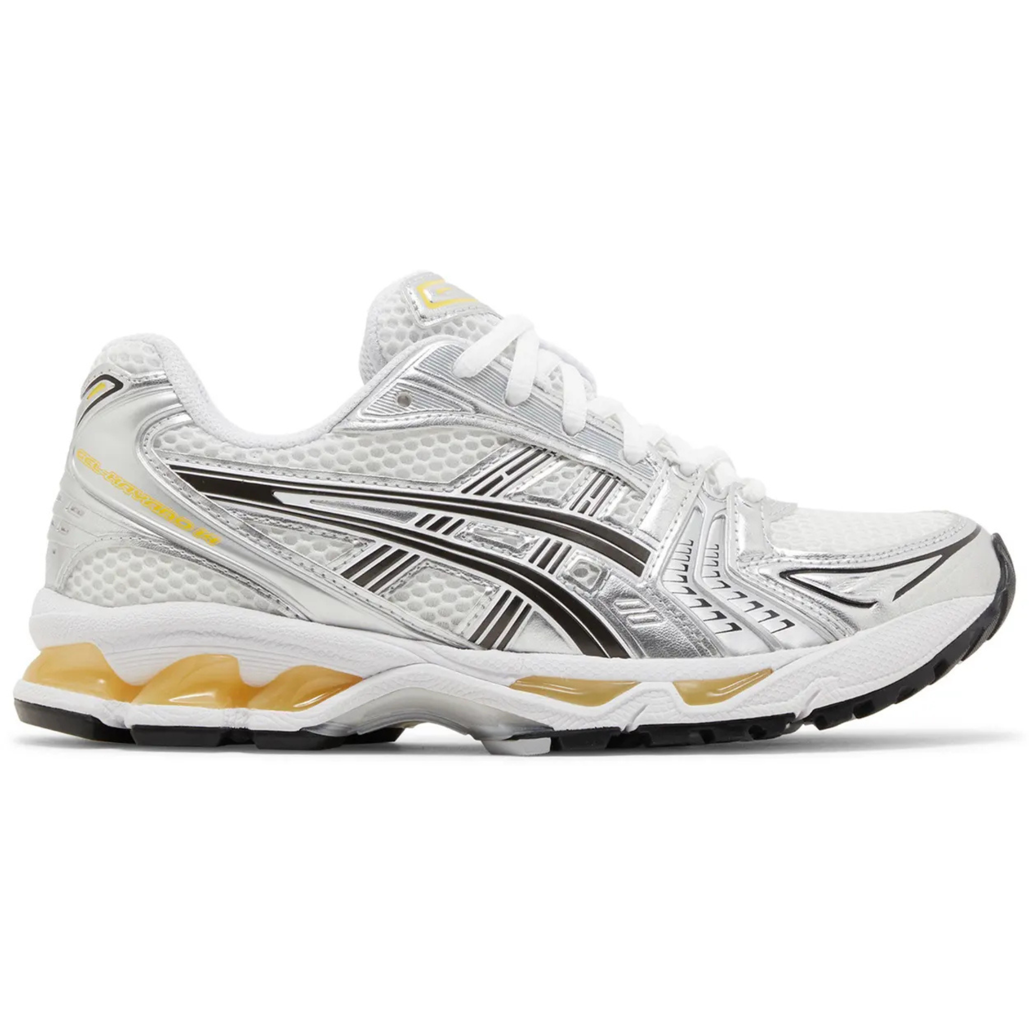 ASICS Gel Kayano 14 running shoe in white with silver and tai-chi yellow accents