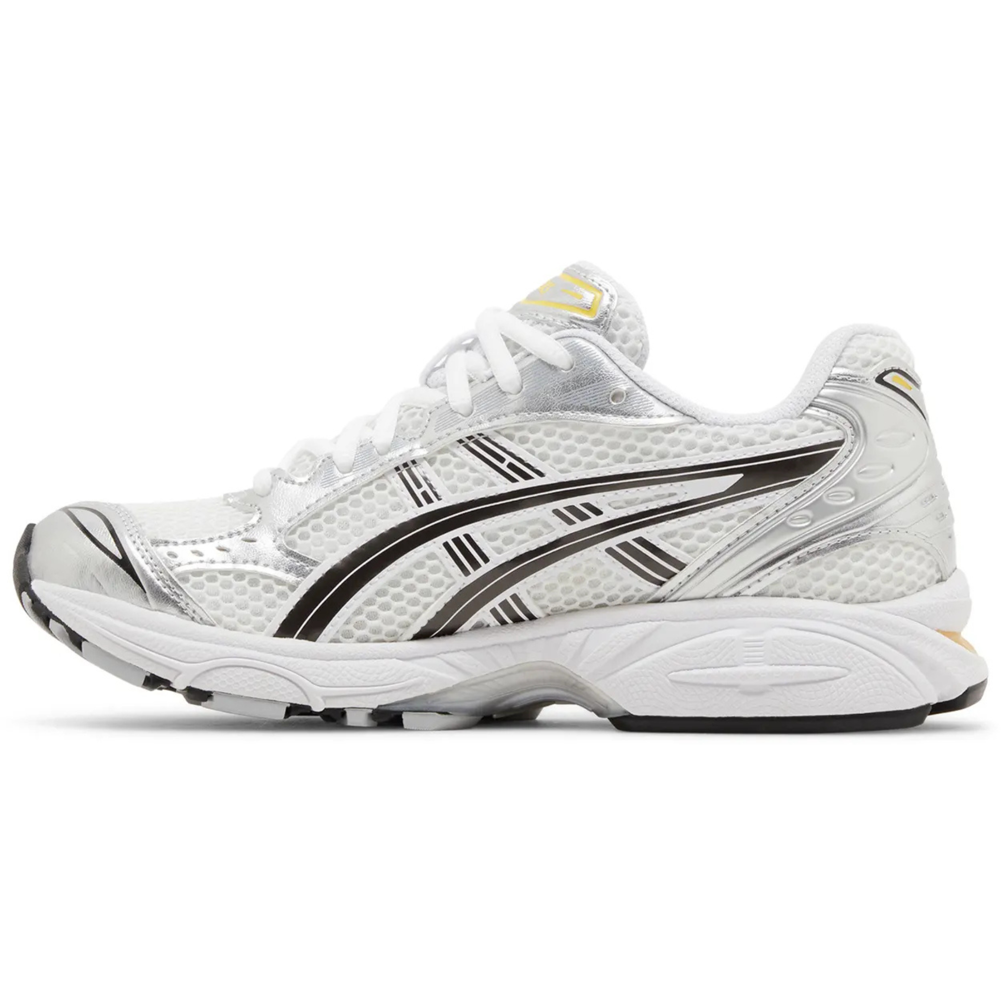 ASICS Gel Kayano 14 running shoe in white and Tai-Chi yellow side view