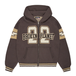 Broken Planet Varsity chocolate brown knit zip-up hoodie with front pockets and varsity lettering
