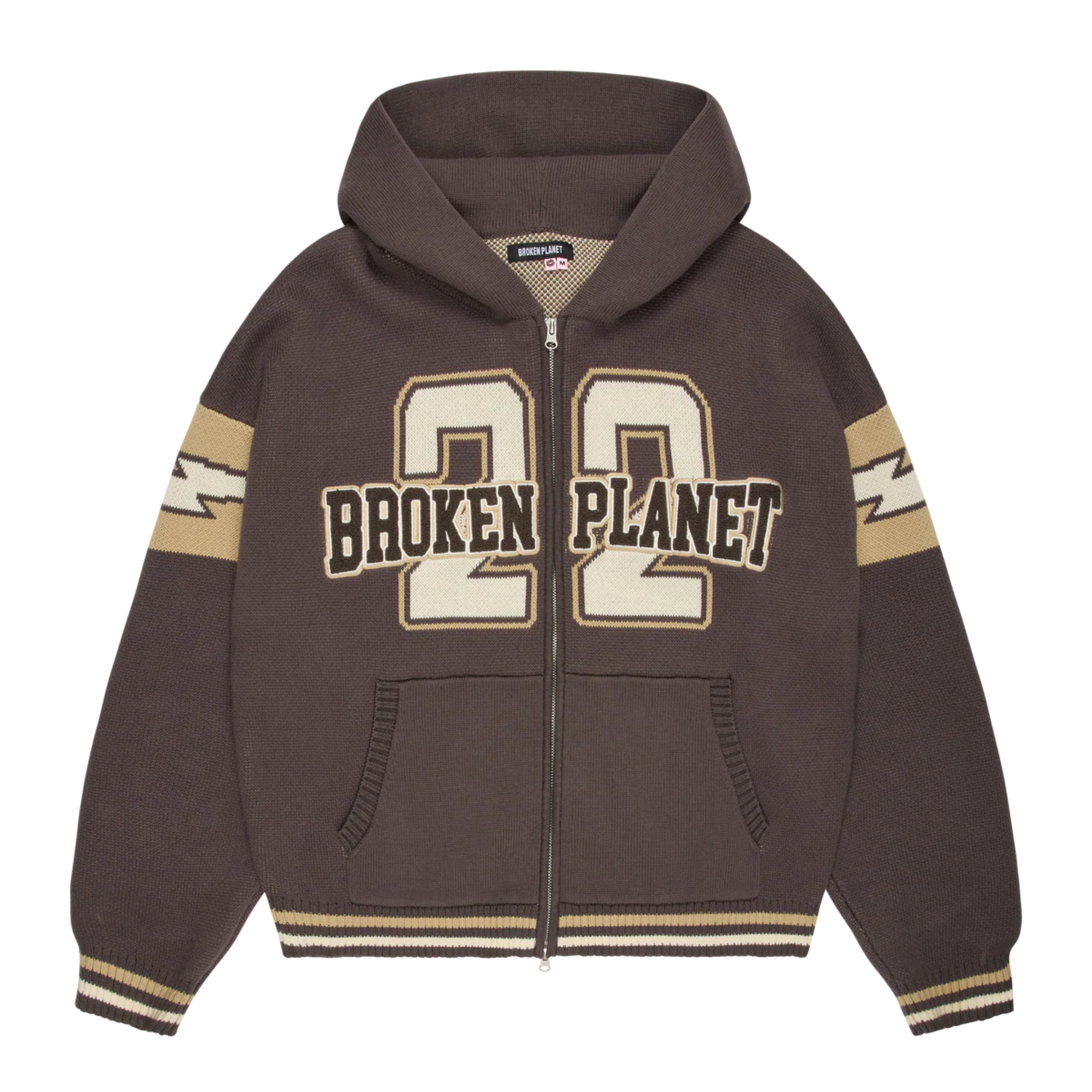 Broken Planet Varsity chocolate brown knit zip-up hoodie with front pockets and varsity lettering