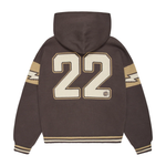 Broken Planet Varsity chocolate brown knit zip-up hoodie with number 22 on the back