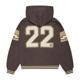 Broken Planet Varsity chocolate brown knit zip-up hoodie with number 22 on the back