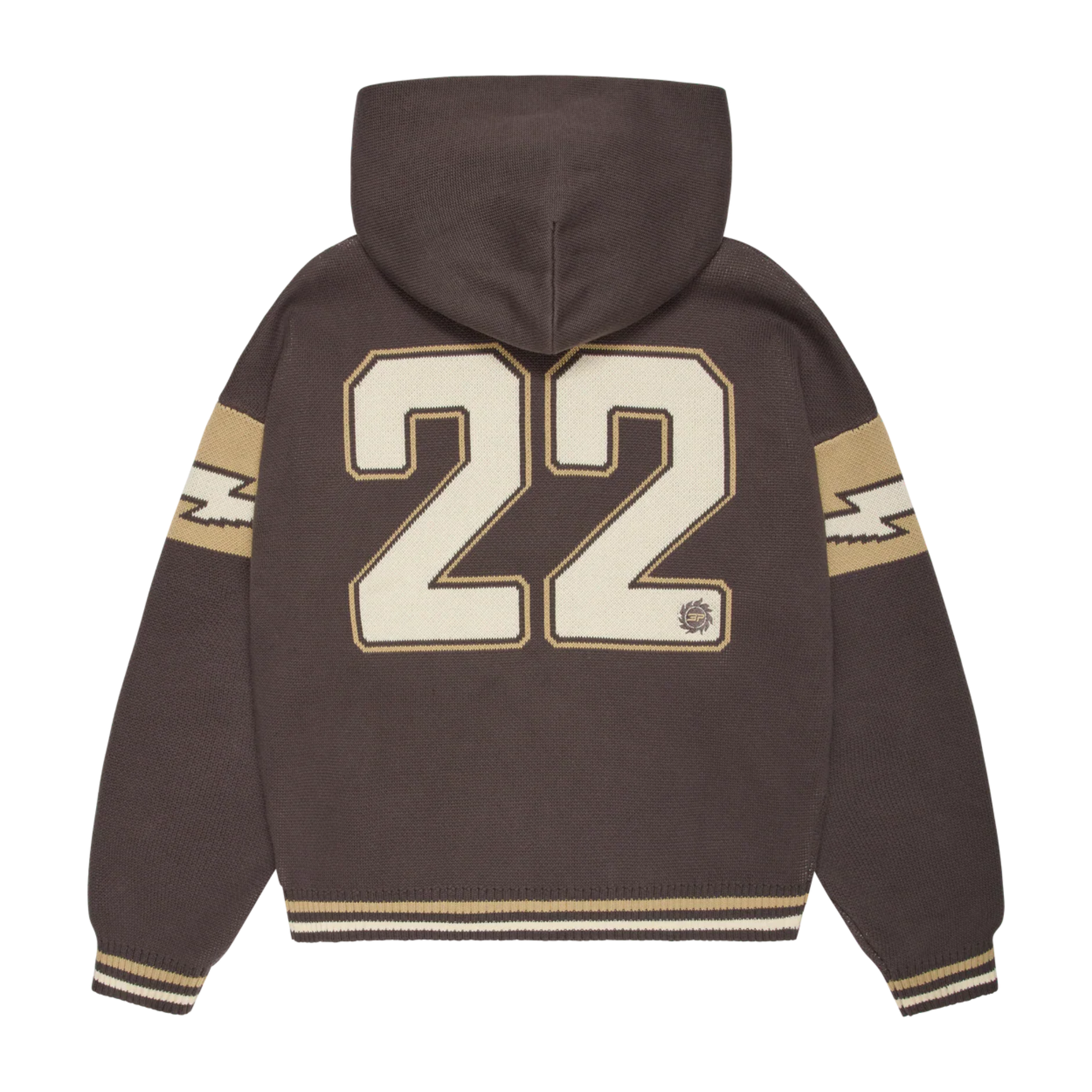 Broken Planet Varsity chocolate brown knit zip-up hoodie with number 22 on the back