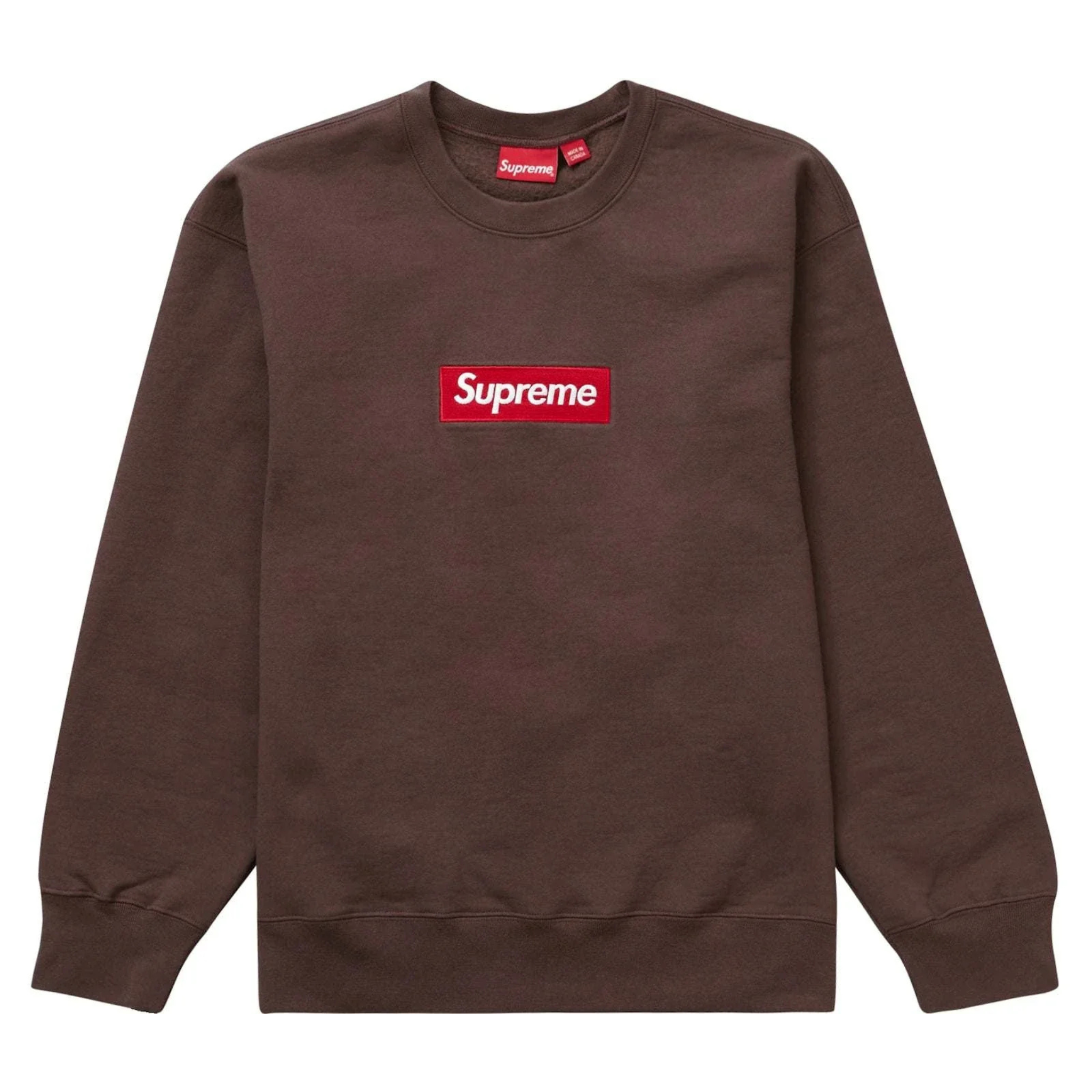 Brown Supreme Box Logo crewneck sweatshirt with red and white logo patch