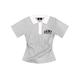 Suavo World Saint Valley grey cinched polo shirt with white collar and logo detailing