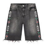 Suavo World washed black studded denim jorts with floral design and frayed hem