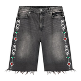 Suavo World washed black studded denim jorts with floral design and frayed hem