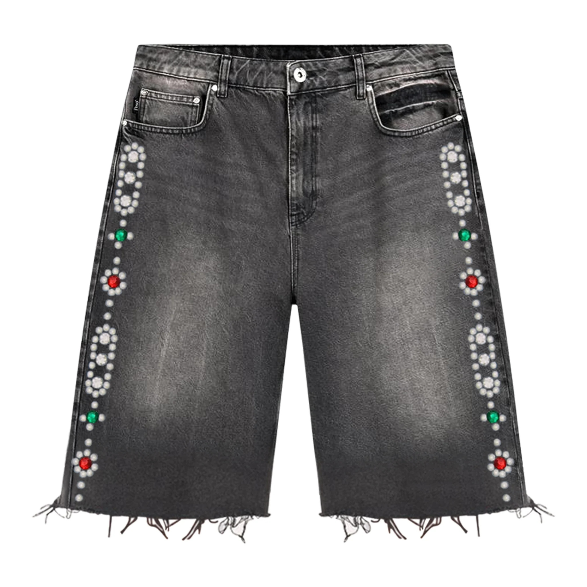 Suavo World washed black studded denim jorts with floral design and frayed hem