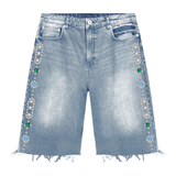 Suavo World vintage blue studded denim jorts with frayed hems