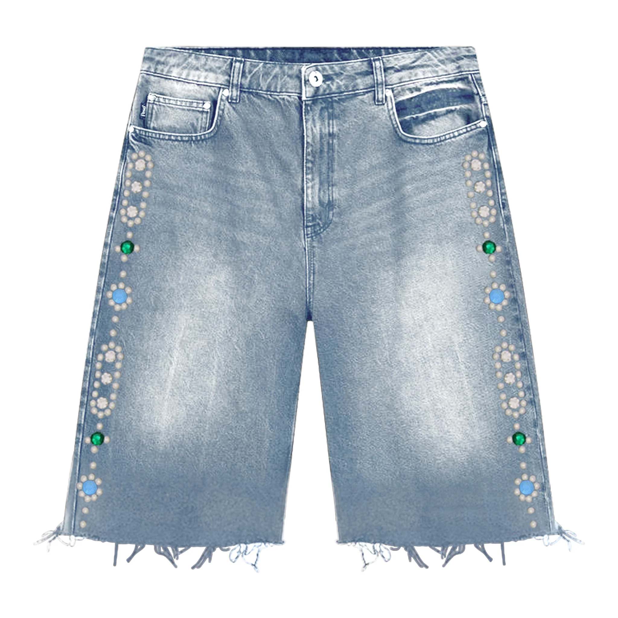 Suavo World vintage blue studded denim jorts with frayed hems